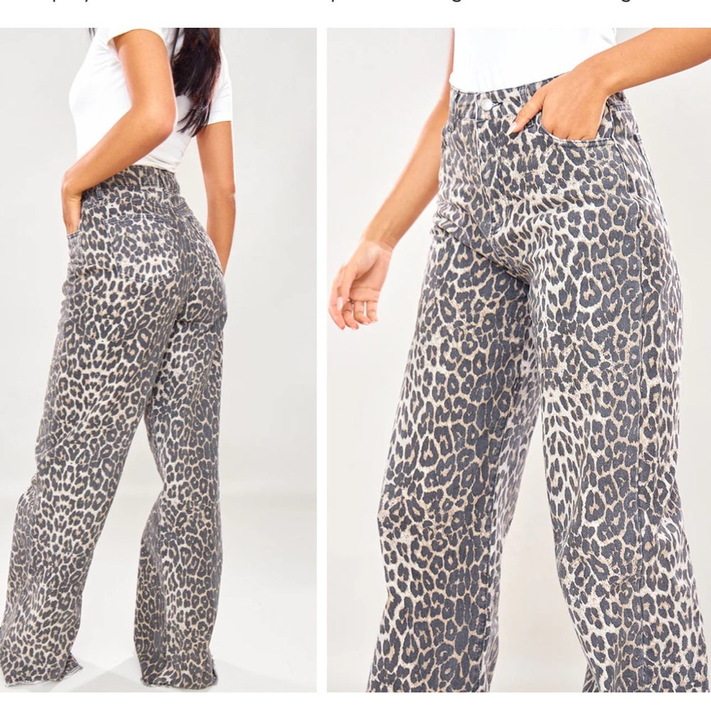 PRETTYLITTLETHING Tall Leopard Print High Waist Wide Leg Denim Jeans